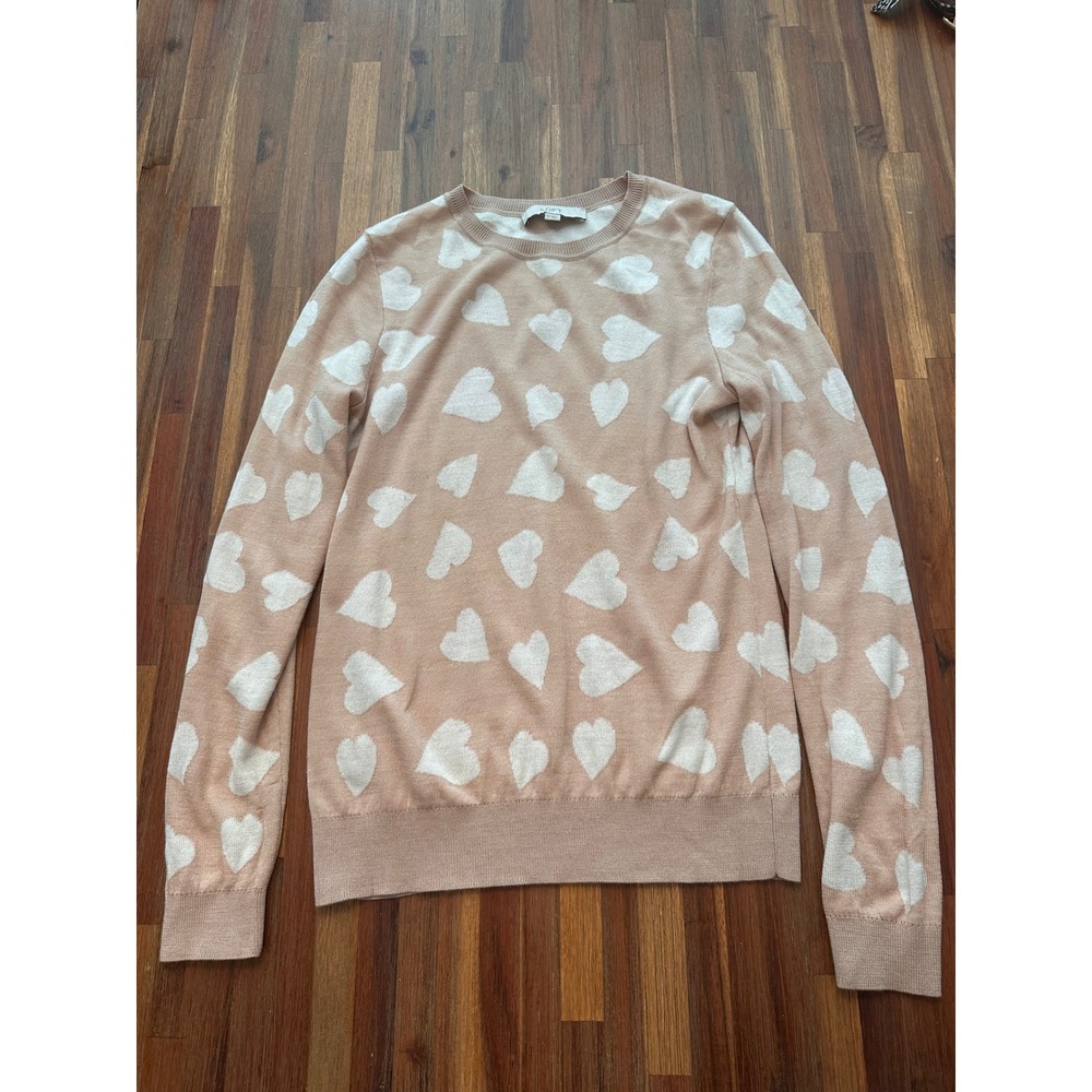 LOFT Sweater Womens Small Tan Excellent Heart Print Crew Neck Wool Blend Knit